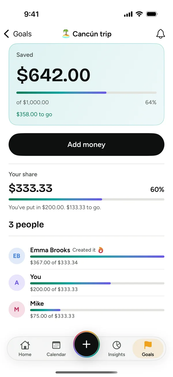 A group goal: the trip's savings, your share and each person's part