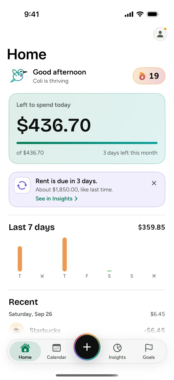 Colibrí's Home screen: what's left to spend today, a bill coming up, and the last 7 days